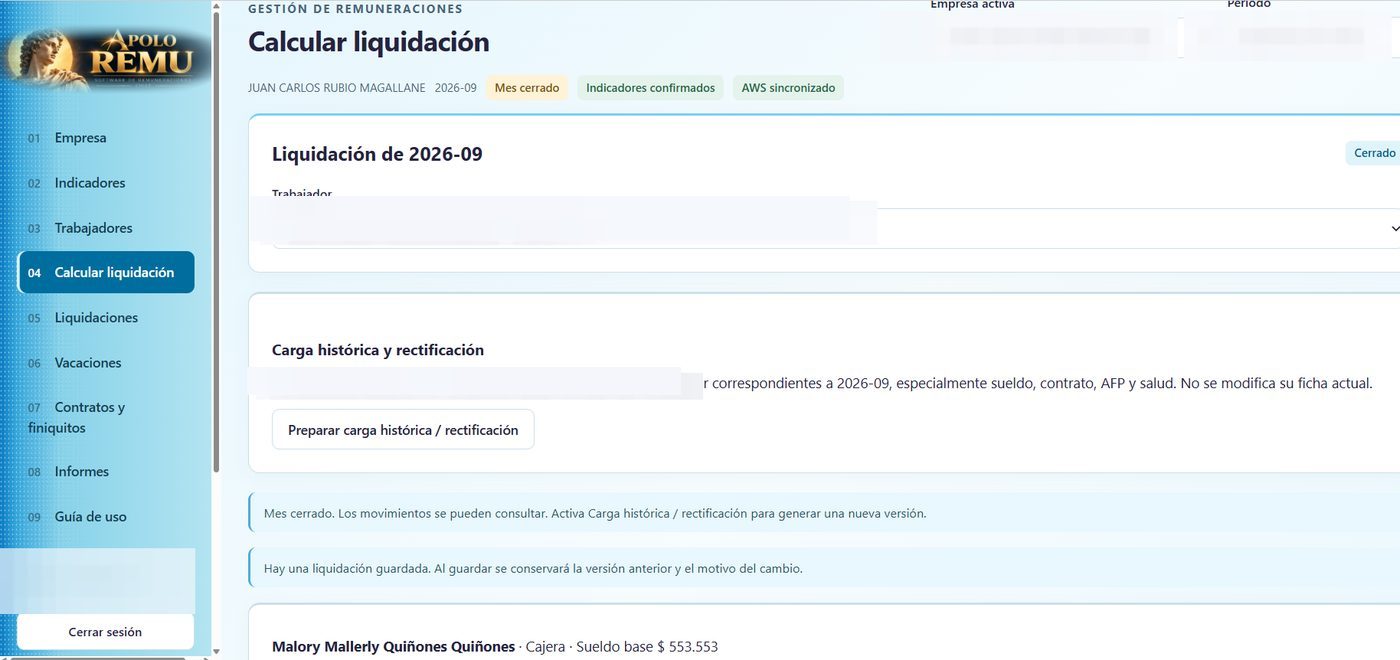 Captura de Apolo Remu · Calcular liquidación